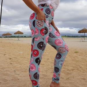 Muscles and Donuts Dusty Blue Donut Yoga Exercise Leggings with Pockets - XS
